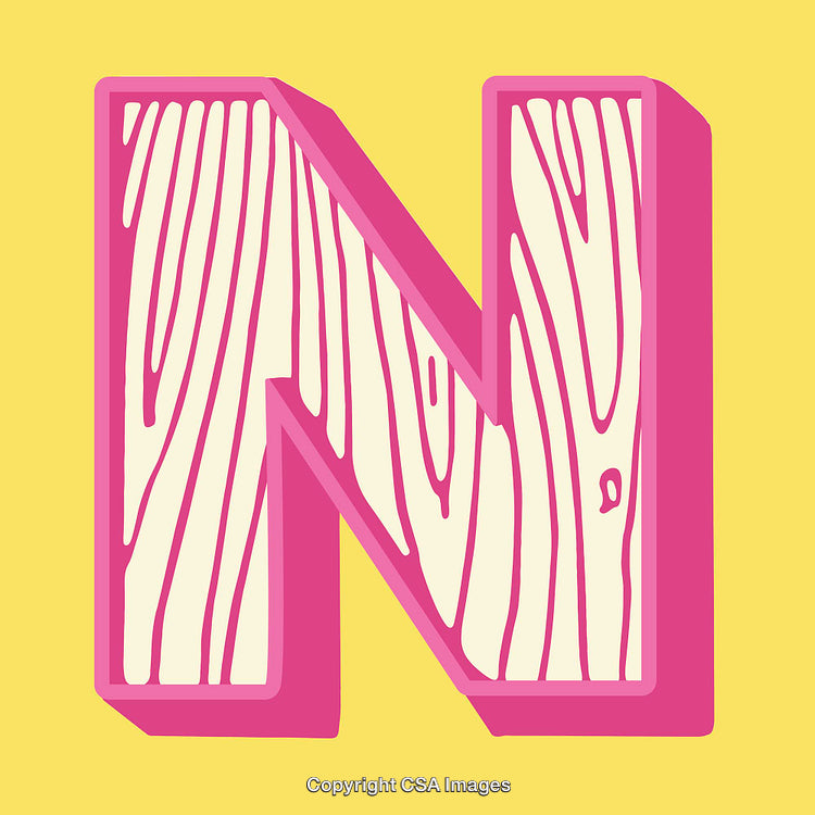 Creative Illustration of the Letter N with Pink and Wood Grain Design