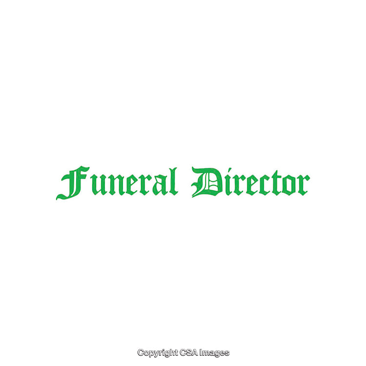 Funeral Director Text in Green Gothic Font on White Background