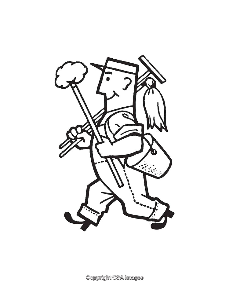 Line Art Illustration of a Walking Chimney Sweep with Cleaning Tools