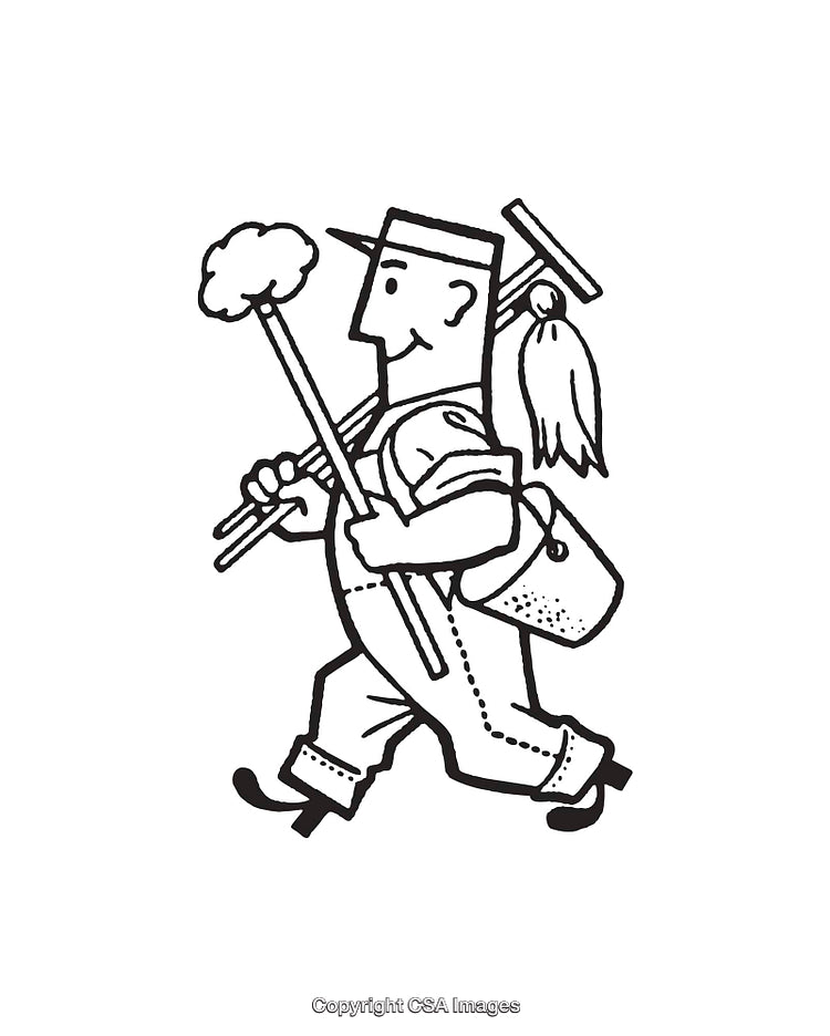 Line Art Illustration of a Walking Chimney Sweep with Cleaning Tools