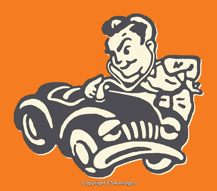 Vintage Styled Illustration of a Character Driving a Car on an Orange Background