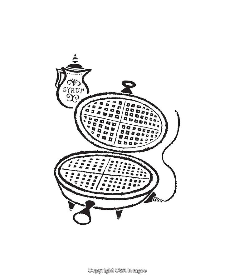 Vintage Black and White Illustration of a Waffle Iron and Syrup Jar