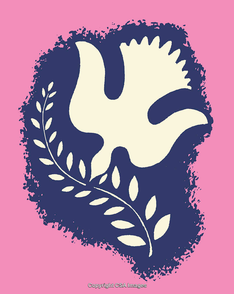 Abstract Line Art of a Dove Holding an Olive Branch on Pink Background