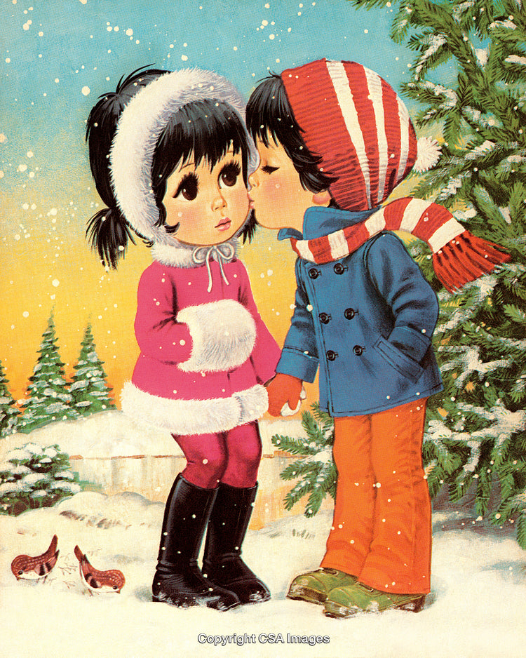 Winter Scene of Two Children Sharing a Tender Moment in the Snow