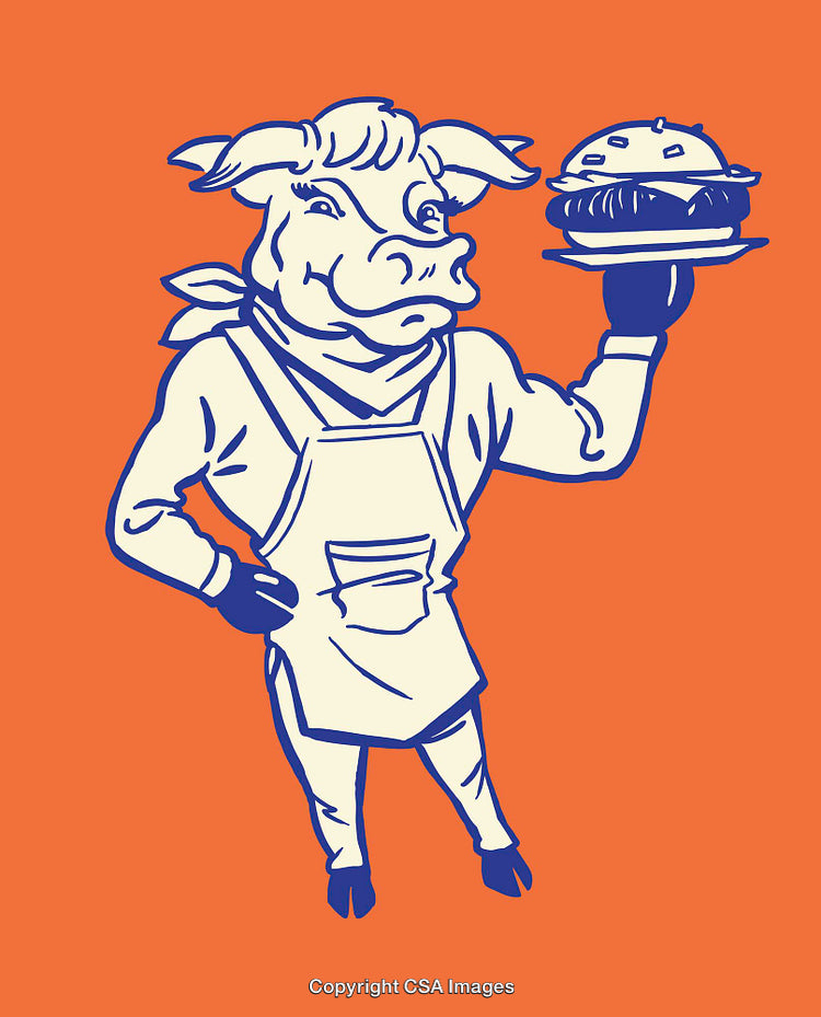 Anthropomorphic Cow Chef Serving a Burger on Orange Background Illustration