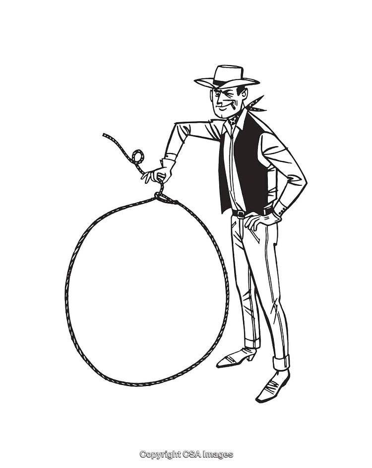 Black and White Line Art of a Cowboy Holding a Rope with a Loop