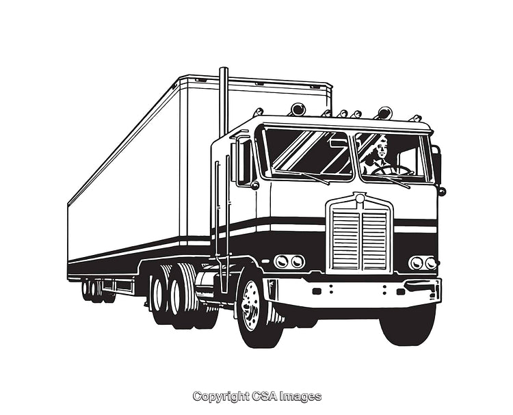Black and White Line Art of Semi-Truck with Driver in Cabin