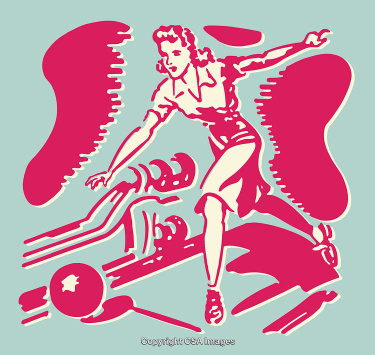 Vintage Style Bowling Illustration of a Woman Rolling a Bowling Ball