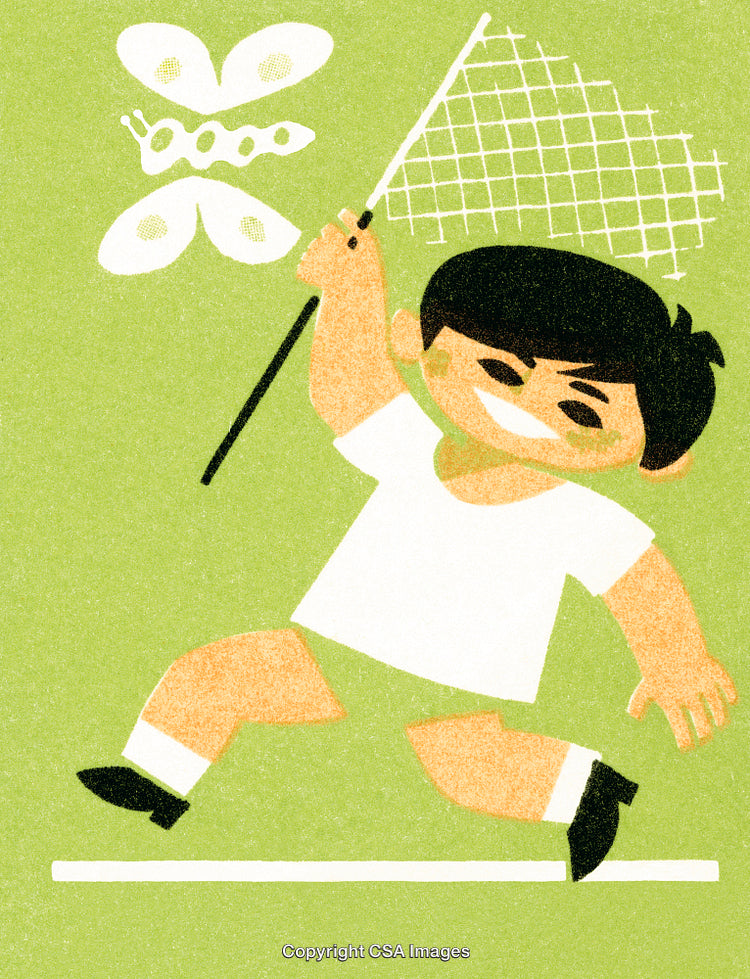 Cheerful Child Chasing Butterflies with a Net in a Vibrant Green Setting