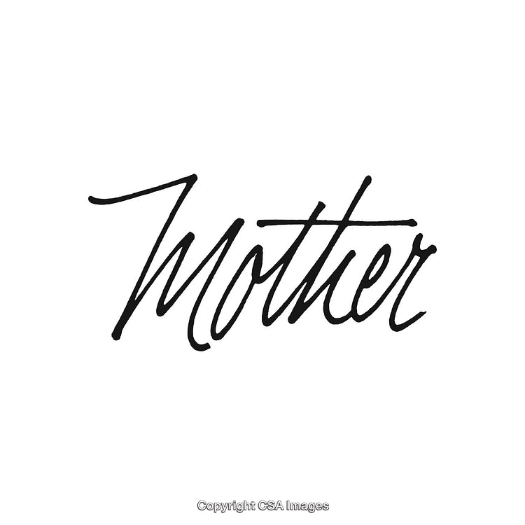 Elegant Handwritten Script Spelling the Word Mother in Black on White Background