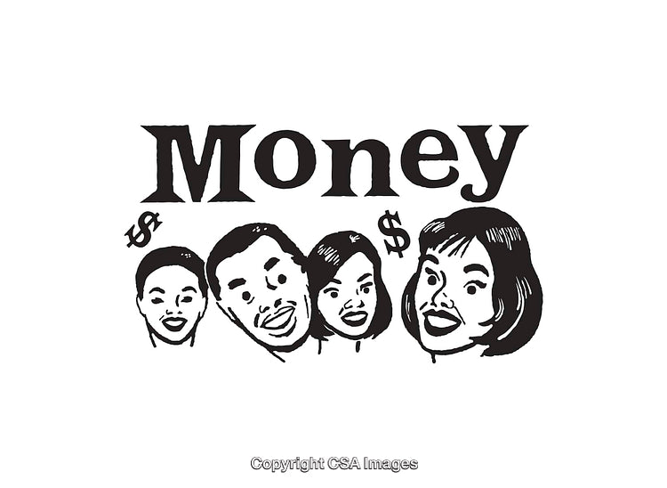 Black and White Illustration Featuring Conceptual Faces and Money Symbols