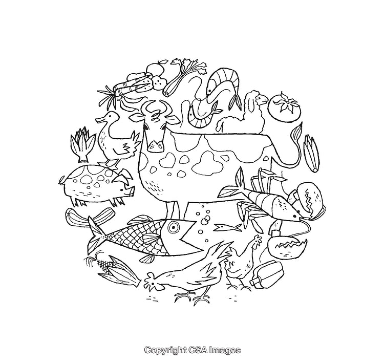 Black and White Line Art of Animals and Food Circle Composition
