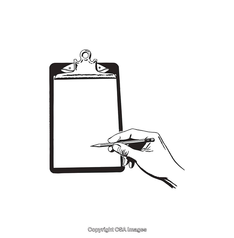 Black and White Illustration of Hand Writing on Clipboard