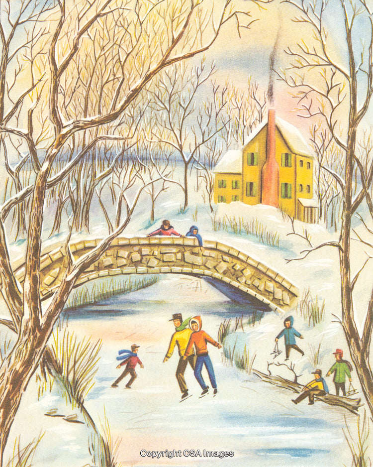 Winter Scene with Ice Skating and a Rustic Stone Bridge