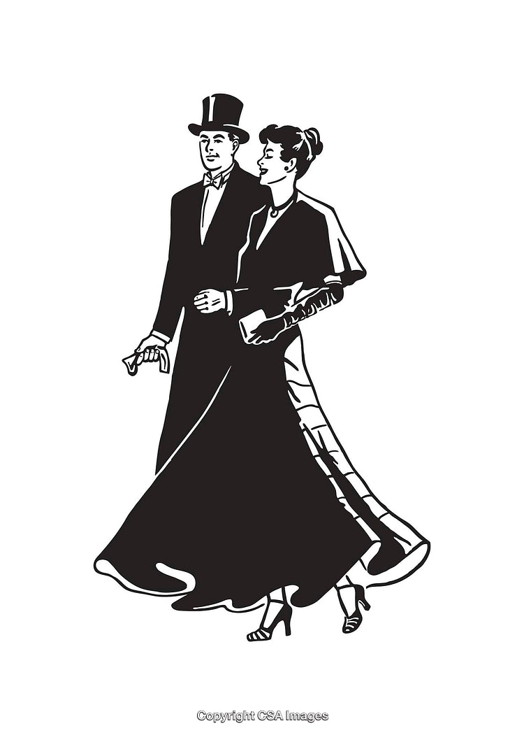Elegant Couple in Vintage Formal Attire Walking Together