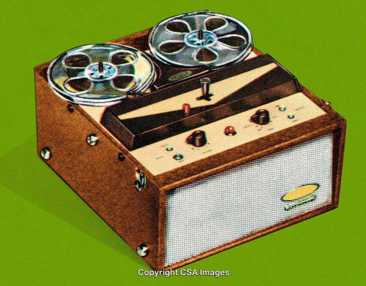 Vintage Tape Recorder on Green Background with Stylized Dot Screen