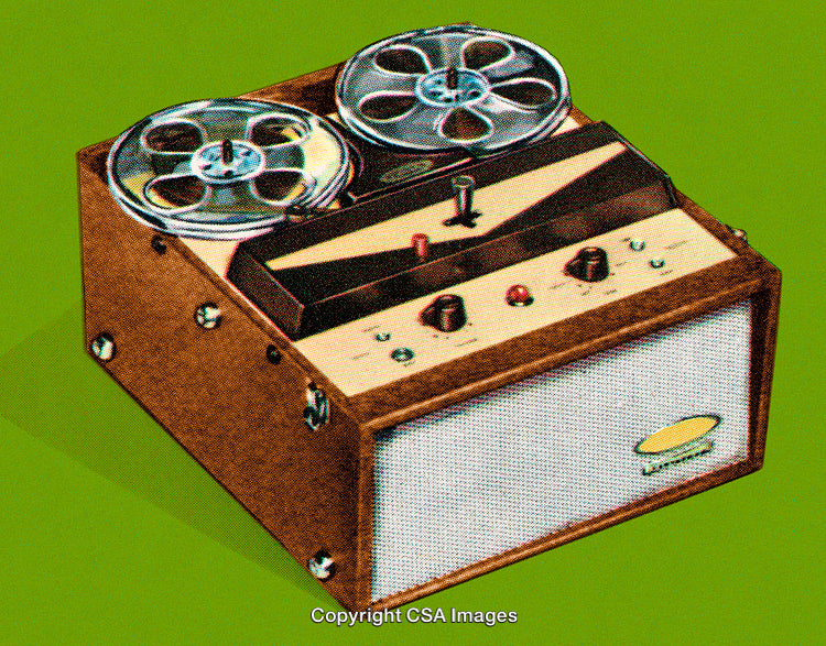 Vintage Tape Recorder on Green Background with Stylized Dot Screen
