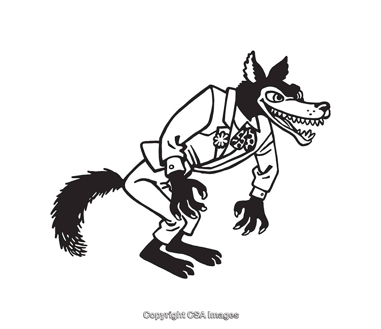 Black and White Cartoon Wolf in a Suit Character Illustration