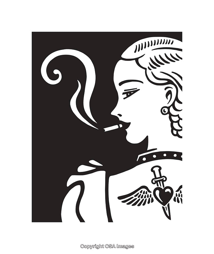 Black and White Line Art of Woman with Smoking Cigarette