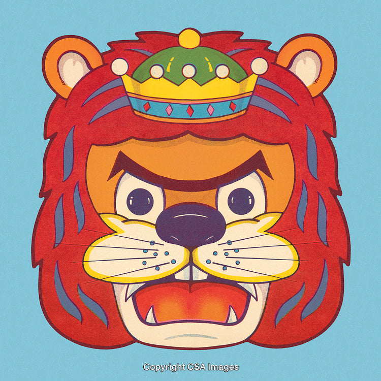 Colorful Cartoon Lion with Crown on Light Blue Background