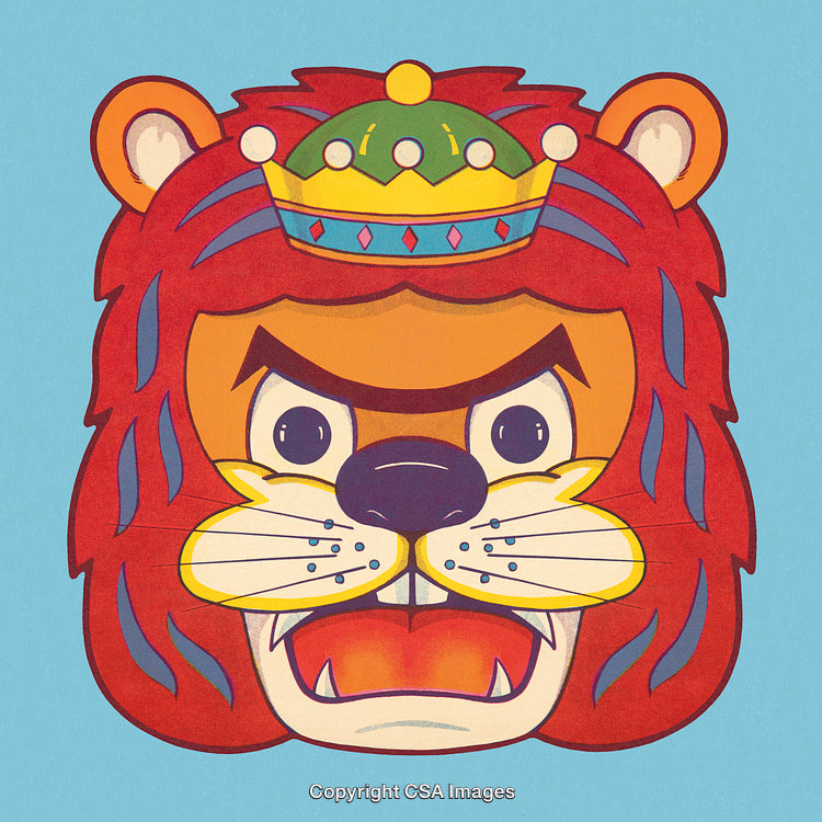 Colorful Cartoon Lion with Crown on Light Blue Background