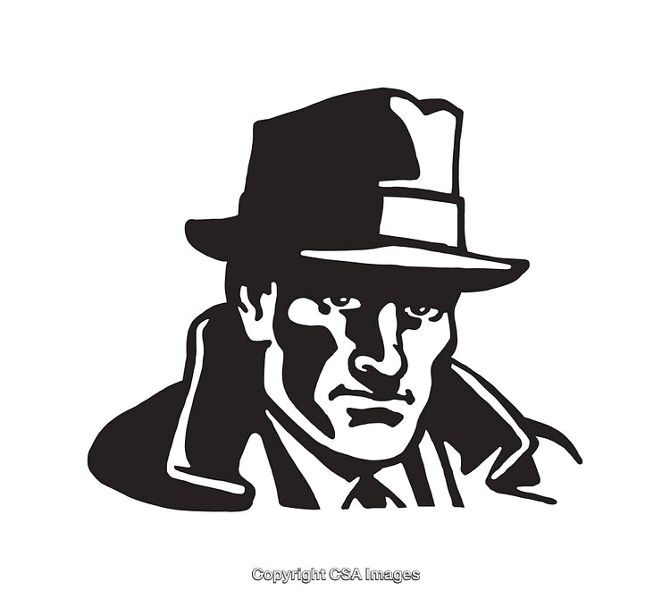Black and White Line Art Illustration of a Detective with Hat and Coat