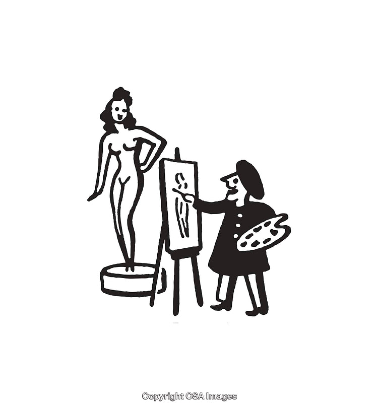 Line Art of an Artist Painting a Nude Model on Canvas