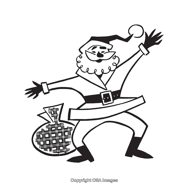 Cheerful Cartoon Santa Claus with Sack in Black and White Line Art