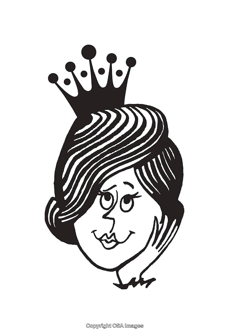 Black and White Line Art of a Crowned Smiling Woman Illustration