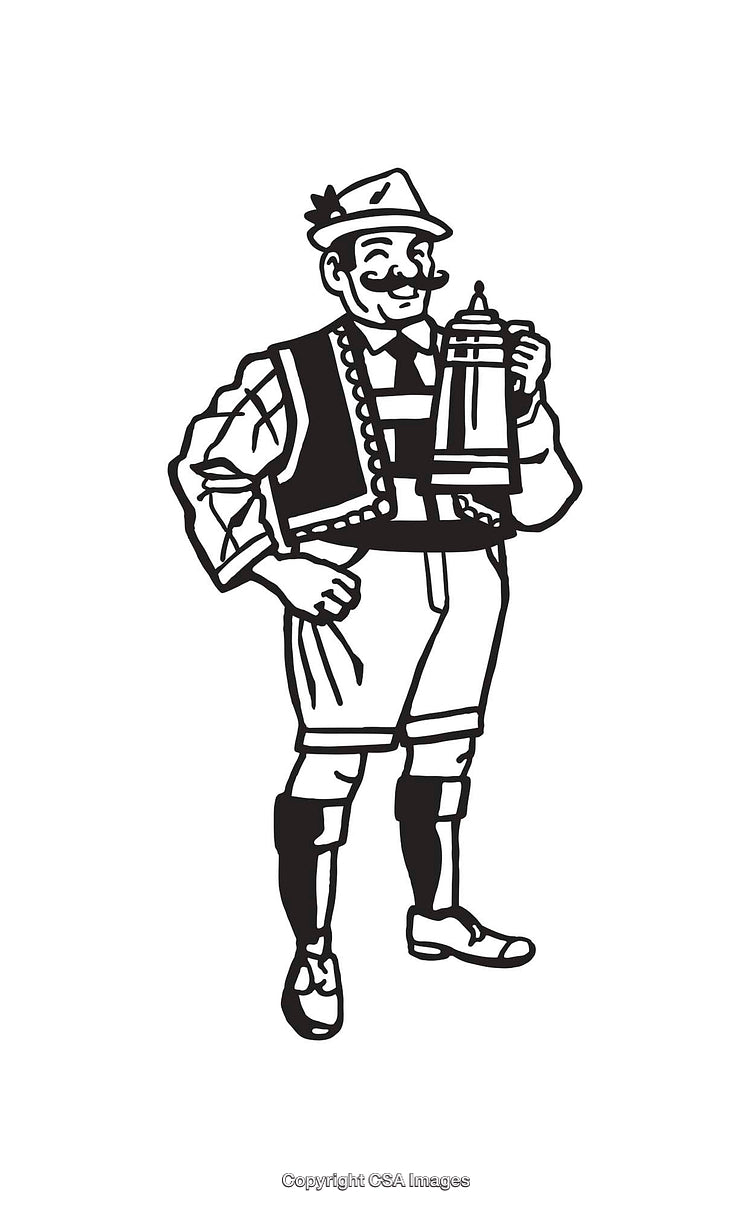 Traditional Bavarian Man Holding Beer Mug in Line Art Style
