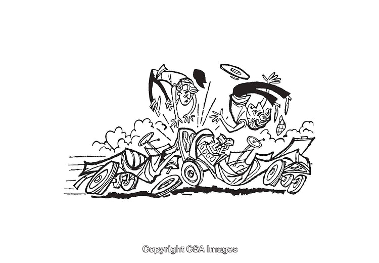 Humorous Line Art of a Chaotic Car Collision with Comedic Characters