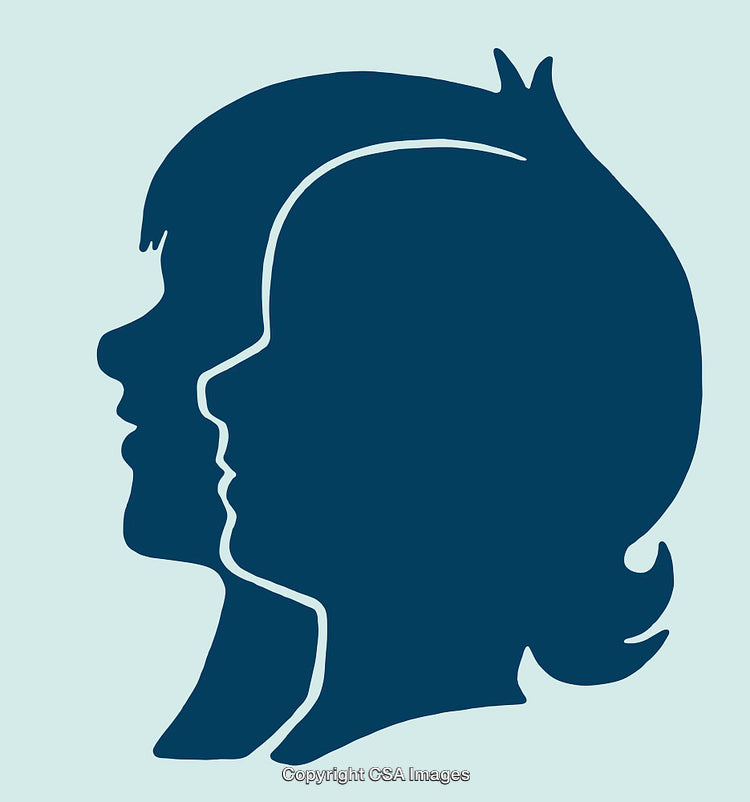 Silhouette Illustration of Two Children Facing Sideways in Blue Tone