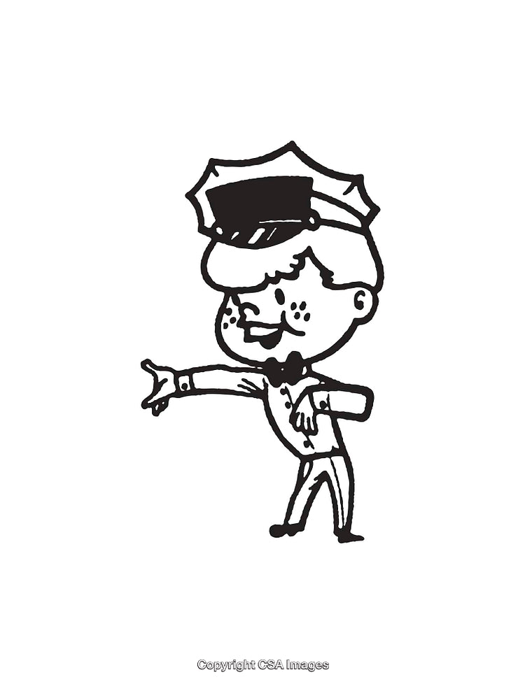 Whimsical Black and White Cartoon Policeman Line Art Illustration