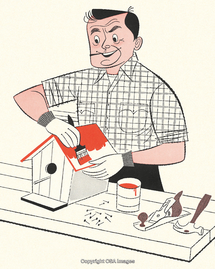 Man Painting a Birdhouse in a Vintage Style Illustration