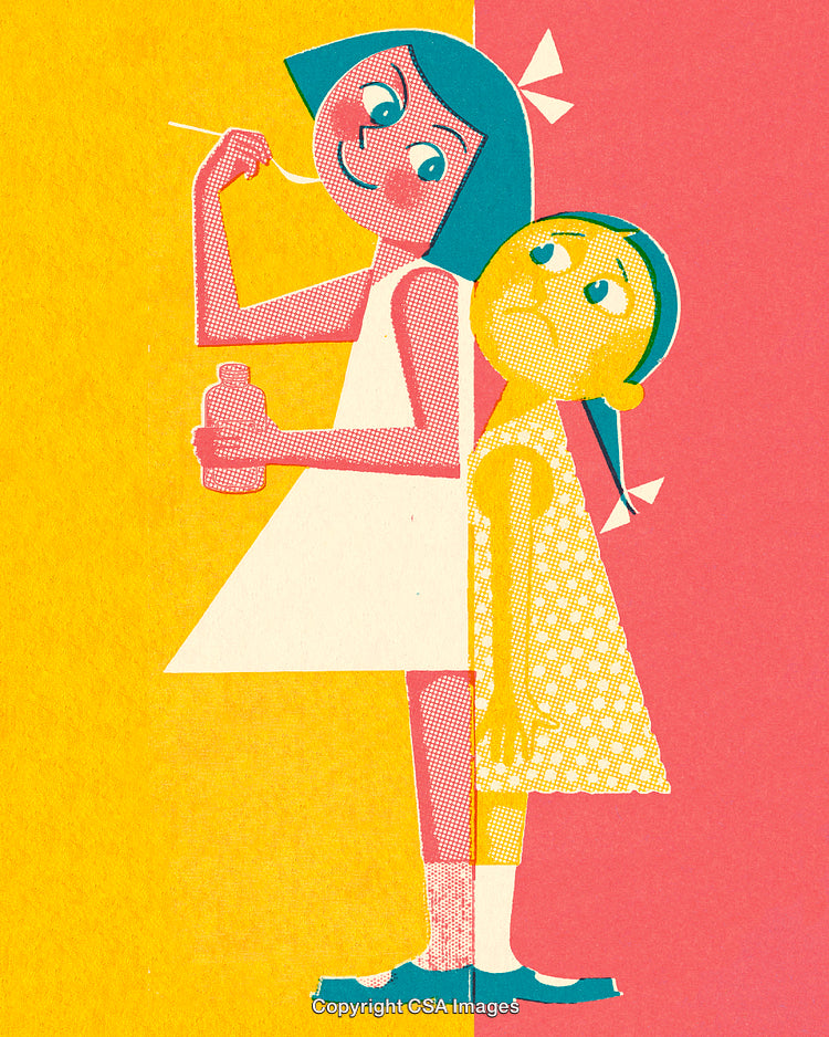 Colorful Illustration of Two Stylized Girls in Retro Graphic Style