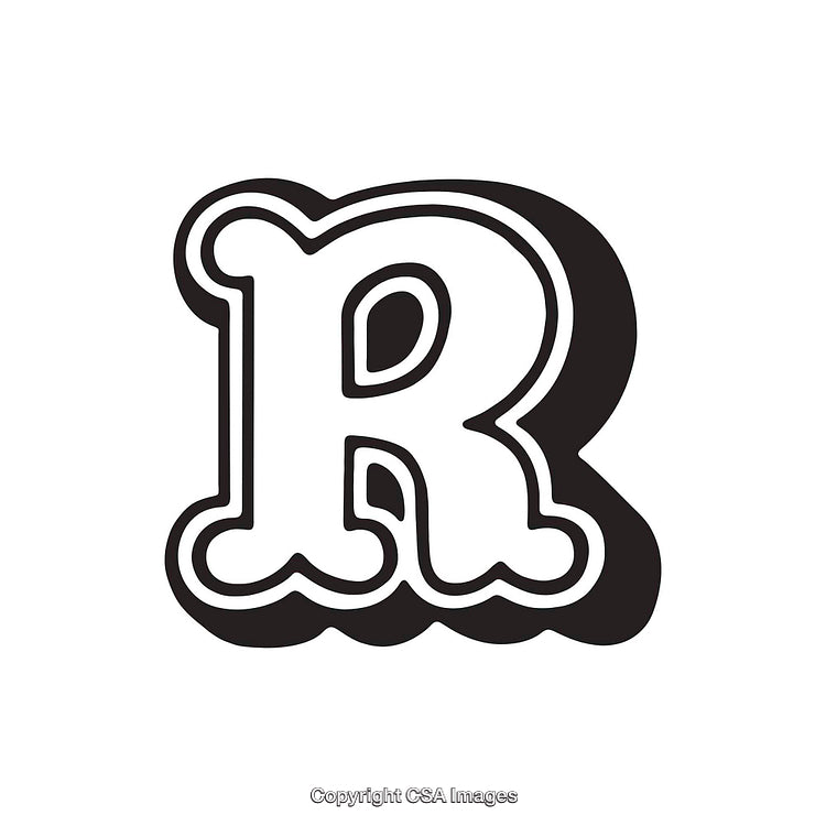 Stylized Black and White Letter R Illustration with Bold Outline