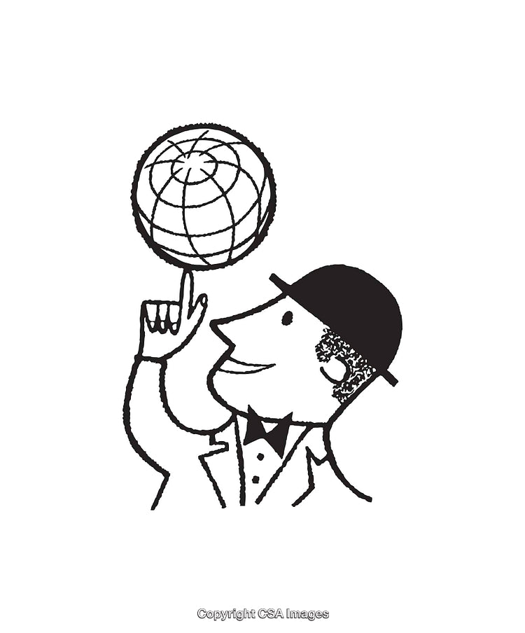 Black and White Illustration of a Man Balancing a Globe on His Finger