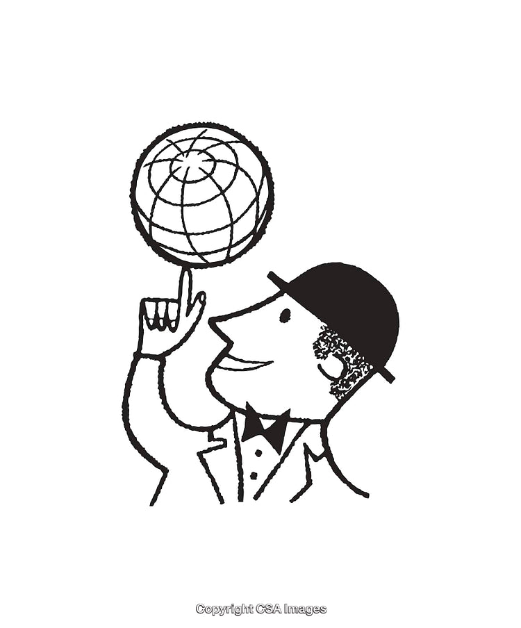 Black and White Illustration of a Man Balancing a Globe on His Finger