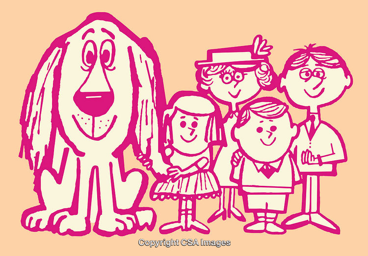 Colorful Cartoon Illustration of a Happy Family and Their Dog