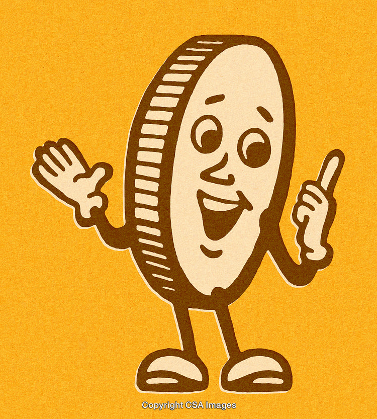 Retro Cartoon Coin Character Giving Friendly Wave and Pointing Up