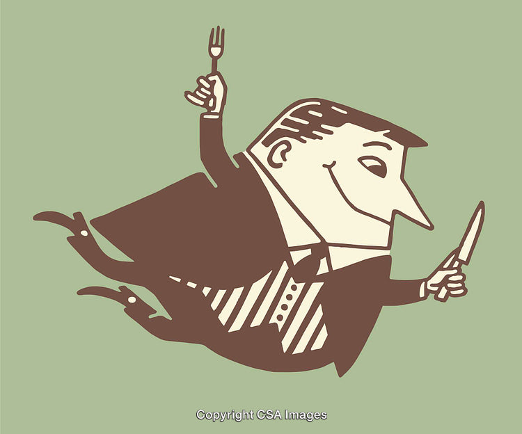 Quirky Flying Character Holding Fork and Knife in Minimalist Style Art