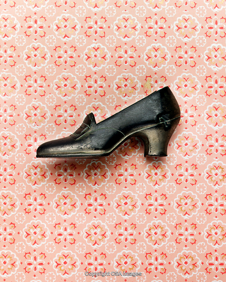 A Single Black Shoe on a Decorative Floral Pattern Background