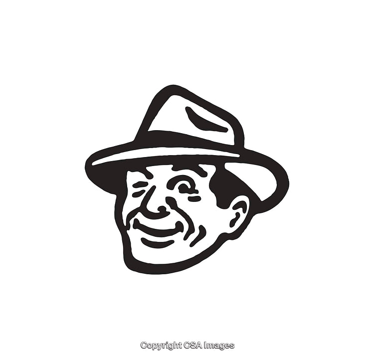 Black and White Line Art Illustration of a Friendly Man in a Fedora