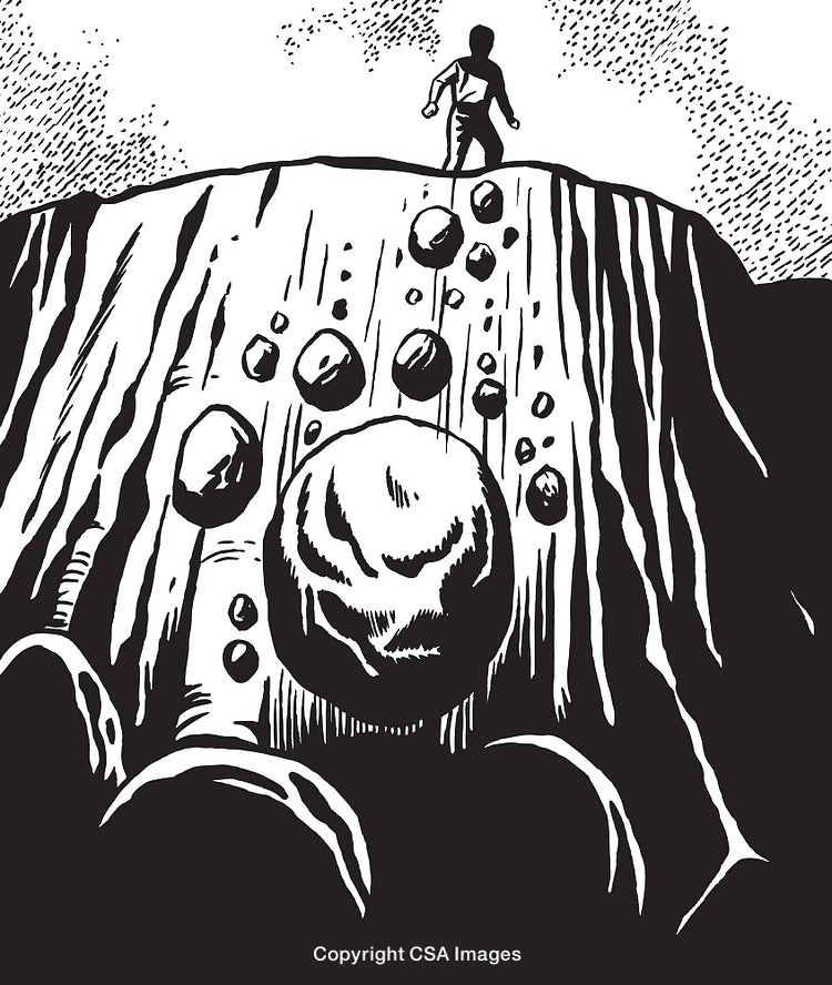 Silhouette of a Person in Peril with Rolling Boulders in Monochrome Illustration