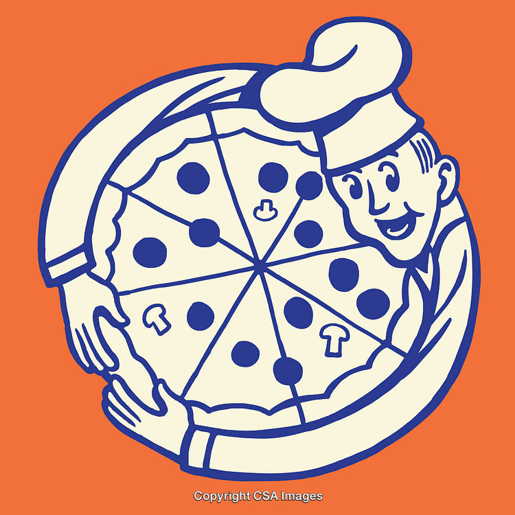 Smiling Chef Holding a Large Pizza in Cartoon Style Illustration