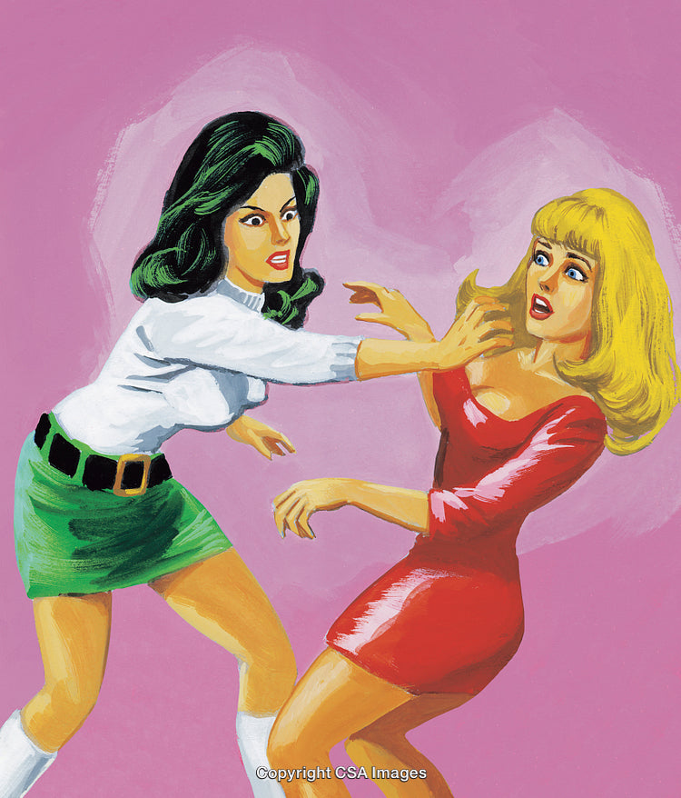 Retro Style Illustration of Two Women Engaged in an Intense Interaction
