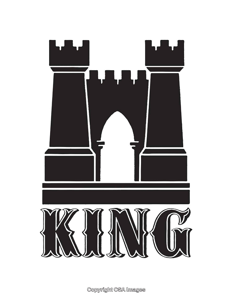 Black and White Line Art of a Castle with Text 'King' Below