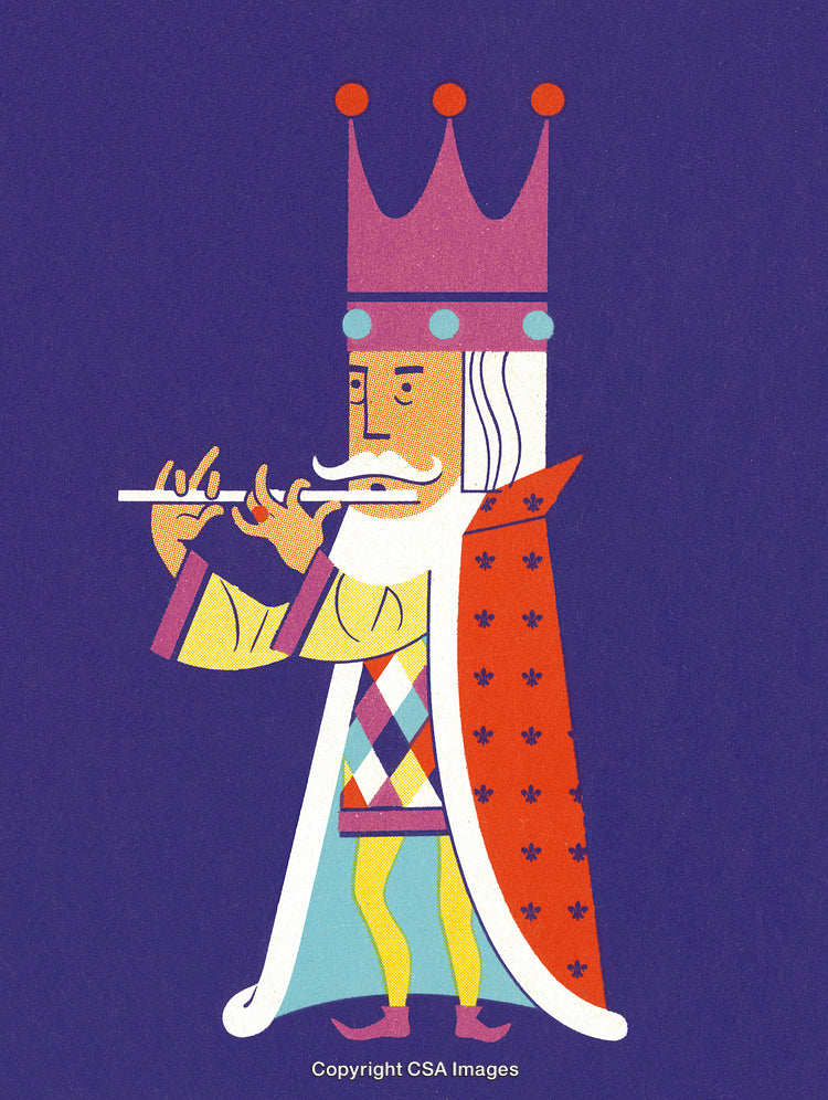 Royal Musician King Playing Flute in Stylized Colorful Illustration