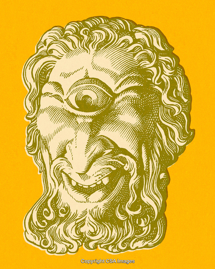 Vintage Cyclopean Face Engraving Illustration with Abstract Style on Yellow Background