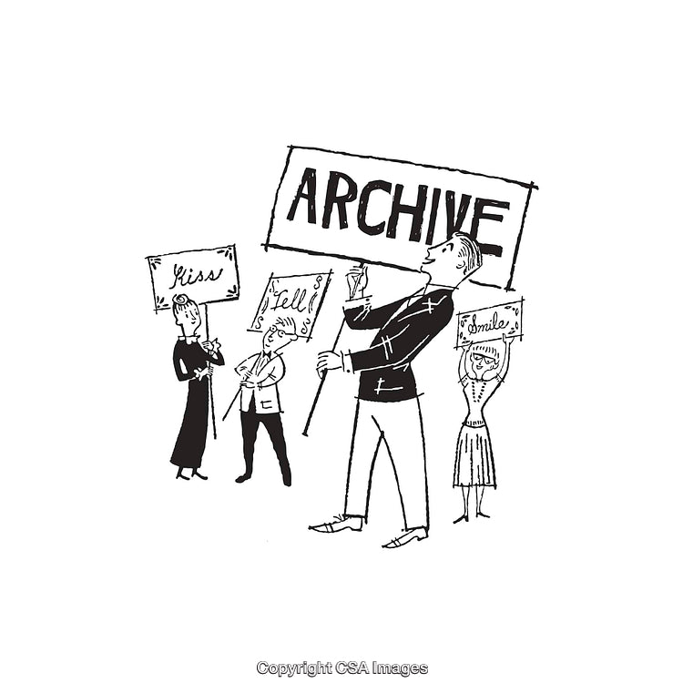 Vintage Black-and-White Line Art with People Holding Signs